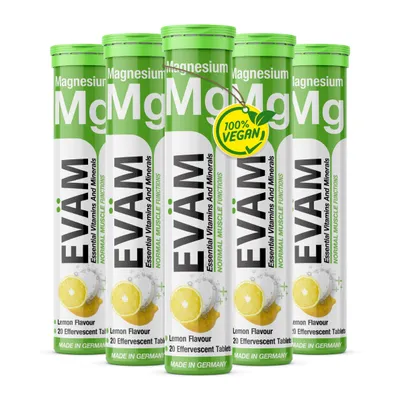 Produktbild von Magnesium 375 mg Brausetabletten 5x 20 Stück Zitrone – vegan & zuckerfrei – für Muskeln und Nervensystem – EVÄM– Hergestellt in Germany