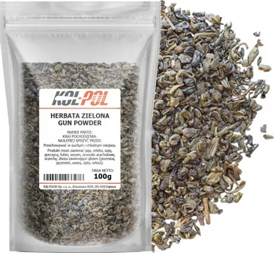 Zdjęcie produktu dla HERBATA ZIELONA GUNPOWDER 100g Liściasta naturalna aromatyczna Kol-Pol