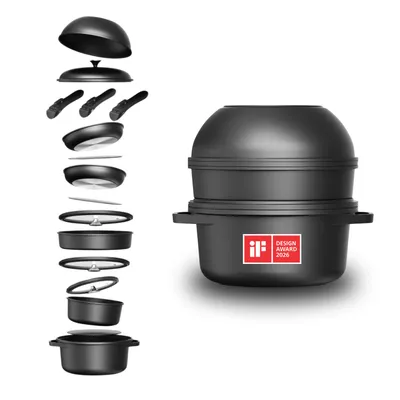 Produktbild von CuliStack® Ultimate Pfannenset 16-teilig, stapelbar, ofenfest, PFAS-frei, induktionsgeeignet, 3x ClickGrip-Griff, schwarz