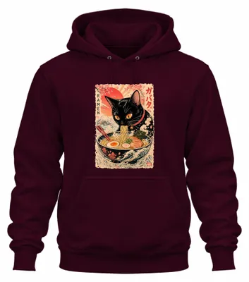 Immagine prodotto di Felpa con cappuccio a tema "Ramen Schwarze Katze", stile anime giapponese, anni 2000, con motivo della zuppa di noodles, colore bordeaux, taglia S