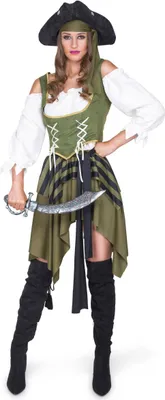 A woman dressed as a pirate stands against a white background, holding a sword.