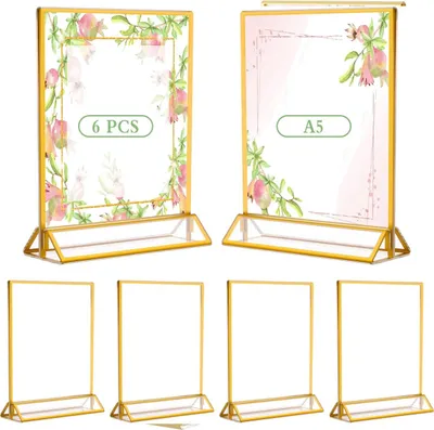 Produktbild von A5 Tischaufsteller 6er Set, goldene Acryl Bilderrahmen T-Aufsteller, klar & stabil, ideal für Hochzeit, Feier & Werbung, 11×8,5 Zoll