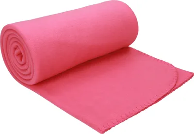 A pink fleece blanket rolled up on one end and spread out on the other.
