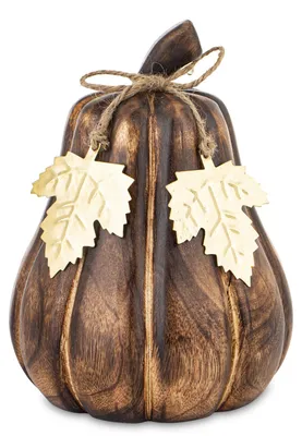 Produktbild von Dekorative Holz-Kürbis Braun Herbstliche Deko mit goldenen Blättern