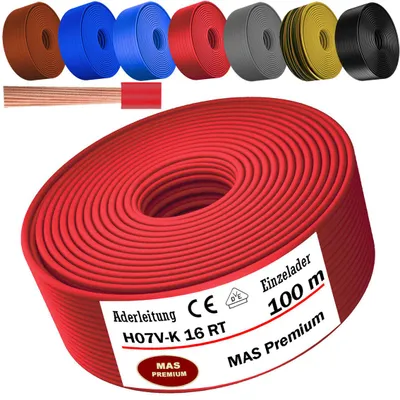 Image de Câble électrique unipolaire H07 V-K RT, 100 mètres, section 1x16 mm², rouge, flexible, avec conducteur unique