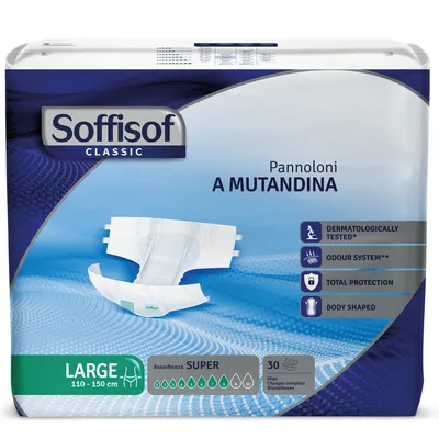 Image de Soffisof Classic Couches Adultes Super L - 30x Couche Adulte Incontinence, Absorption 8 Gouttes, Change Complet Adulte Taille L (110-150 cm)