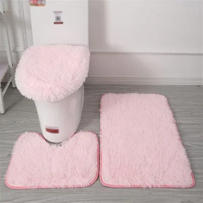 Produktbild von Badteppich Set 3 Teiliges, rutschfeste Shaggy Badematte, Flauschig Contour Badteppich, Langflor Toilettensitzbezug Rosa