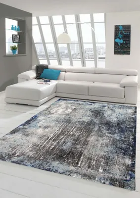 Image de Tapis design et moderne Tapis de salon bleu gris crème Taille - 80 x 150 cm