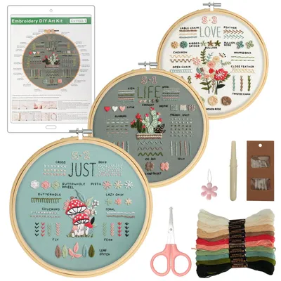Produktbild von VINATO Stickset für Anfänger – Komplettes Stick-Set mit Blumenmotiven, 34 Techniken, Bambus-Stickrahmen (20 cm), 10 Farben Stickgarn & Werkzeuge – Stickerei Set für Erwachsene