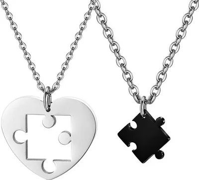 Produktbild von Fu You 2 Stücke Edelstahl Freundschaft Anhänger Kette für Liebe Herren Damen Verliebte Paare Halskette Puzzle Herz, Herz Silber Schwarz