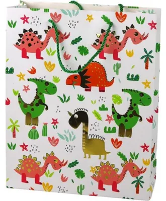 Produktbild von Leantoys Papiergeschenktüte Bunte Dinosaurier Palmen 32 cm x 26 cm x 10 cm