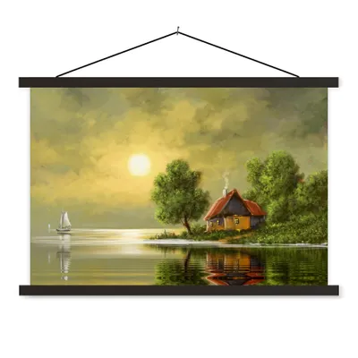 Produktbild von MuchoWow® Textilposter Gemälde - Ölfarbe - Haus - Natur - Wasser 150x100 cm mit schwarzem Rahmen - Schlafzimmer