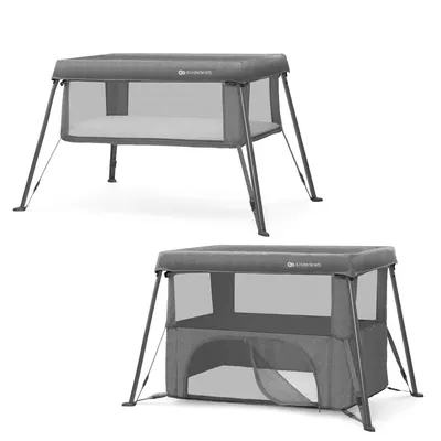 Two views of a grey Kinderkraft CAMI 3-in-1 travel cot, baby bed, and playpen against a white background.