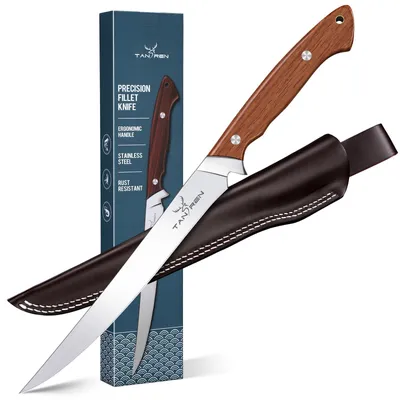 Filetiermesser 23 cm, rostfreier Stahl, Holzgriff, mit Scheide