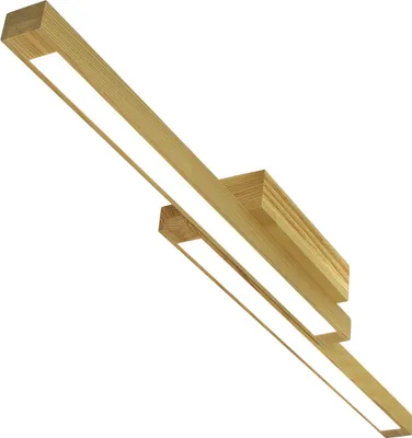 A wooden LED ceiling light with two light bars, presented against a white background.