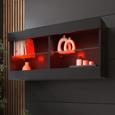 Produktbild von Komodee, Hängende Vitrine Schrank Tivoli, Schwarz/Schwarz, Breite 100cm x Höhe 50cm x Tiefe 29cm, LED RGB, 2 Regalböden, für Wohnzimmer, Schlafzimmer, Eingang