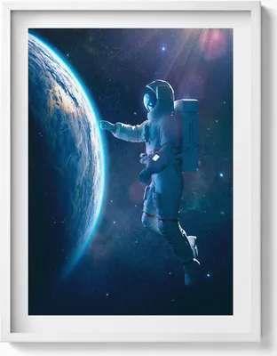 Produktbild von Kosmonaut und Planet Erde– Wandbild mit Rahmen – Gerahmtes Bild  – Wanddekoration – 60x80 cm –  Weiß Rahmen