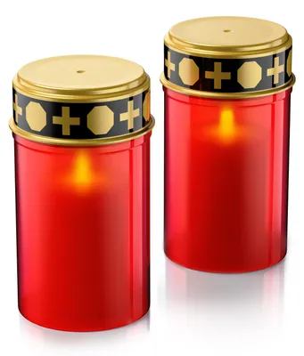 Image de Bearware, lot de 2 bougies LED pour cimetière, fonctionnant sur piles, avec effet de flamme vacillante et lumière blanc chaud (3000 K), autonomie d'environ 4 mois par jeu de piles, résistantes aux intempéries, pour cimetière, 2 pièces, couleur rouge