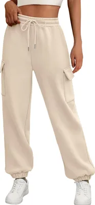 Image de ASKSA Pantalon Femme Cargo Pantalon d'entraînement Cordon de serrage Pantalon de sport Pantalon de jogging Taille Haute Loose Polaire Chaud avec Poches (Kaki,M)