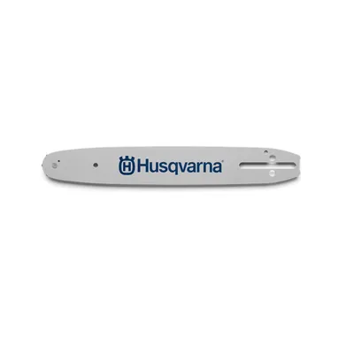 A product shot of a chainsaw bar on a white background.