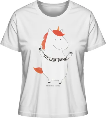 Produktbild von Mr. & Mrs. Panda Damen Basic T-Shirt Einhorn Dankeschön Größe M - Weiß - Geschenk, Unicorn, Oberteil, shirt, Frauen, Bio, Jersey, Einhörner, Danksagung, Vielen Dank