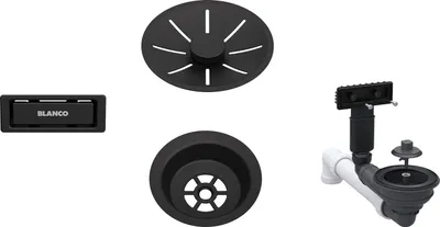 A collection of black sink accessories, including a strainer, a drain assembly, and a control panel.
