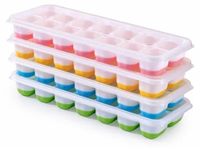 Produktbild von Eiswürfelform mit Deckel, 4er Set, 56 Eiswürfel, stapelbar, Blau+Grün+Rosa+Gelb