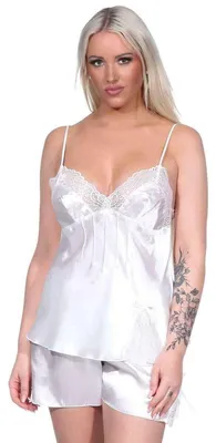 Produktbild von Damen Satin Nachtwäsche Pyjama Set Shorty Satin mit Spitze; Weiß/XL/42