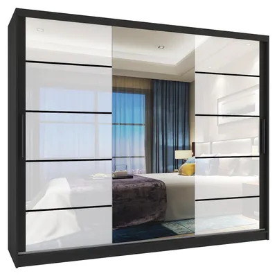 Immagine prodotto di BELINI Verona, armadio scorrevole da 232 cm, nero/bianco lucido - armadio con specchio e 4 cassetti, ideale per la camera da letto