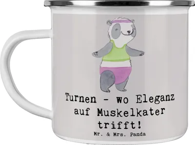 Produktbild von Mr. & Mrs. Panda Haferl Turnen Eleganz - Grau Pastell - Geschenk, Athleten, Teamsport, Emaille Tasse, becher, Sportler, Campingtasse, Teetasse, Fitness, Kaffeepott, Sport