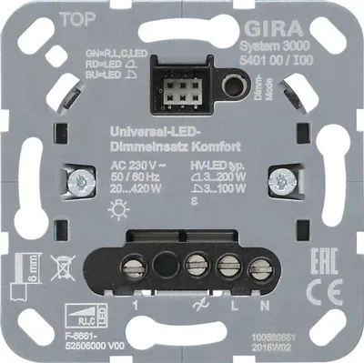 The back of a GIRA System 3000 Universal LED Dimmer module, showing connection terminals and technical specifications.