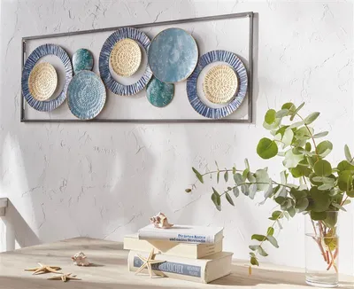 Image de Tableau mural en métal "cercles" bleu / or au look shabby, décoration murale