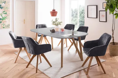 Produktbild von SalesFever Essgruppe 5-tlg. | 180 x 90 cm | Tisch MDF grau matt + Eichengestell | 4x Drehstuhl Samtvelours + Stuhlbeine Buche | schwarz