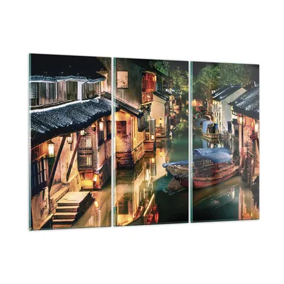 Produktbild von Bilder auf glas - 3 Teile - Chinesisch Stadt Nacht - 165x110cm - Glasbilder - Wandbilder - Bilder - zum Aufhängen bereit - Wanddekoration aus Glas - Glas Bilder - Wandbild auf Glas - GCE165x110-4657