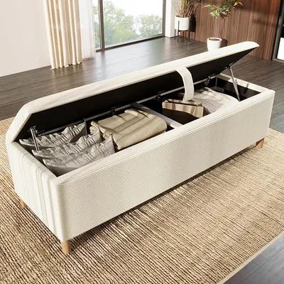 Produktbild von Bettbank mit Stauraum, 145 x 38 cm Bettbank, Polsterbank mit Hydraulischem Stauraum, Aufbewahrungsbox, Geeignet für Schlafzimmer, Wohnzimmer und Flur, Beiger Cord-Optik