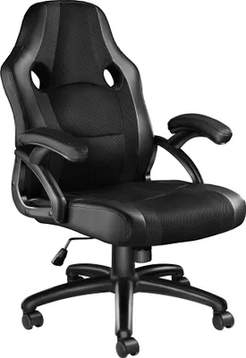 A black ergonomic office chair is shown against a white background.