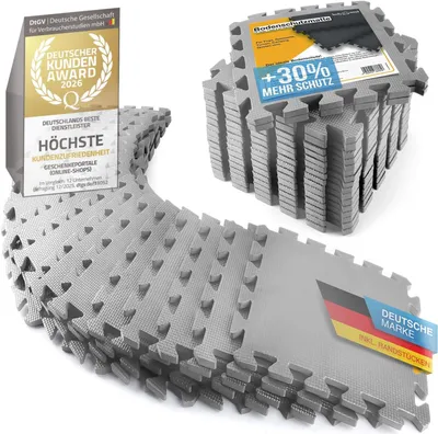 Productafbeelding van Body & Mind Premium beschermingsmatten set, grijs | 18 puzzelmatten van 30x30 cm + 36 randstukken | 1 cm dik EVA-schuim voor fitness, zwembad en kelder