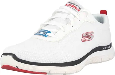 A white Skechers sneaker with red and black accents.