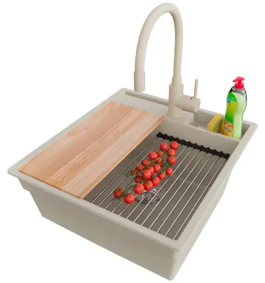 Produktbild von PRIMAGRAN Granitspüle Beige 48x53cm, Spülbecken 1 Becken + Ablauf-Set + Küchenzubehörset, Küchenspüle ab 50er Unterschrank - Oslo Pocket