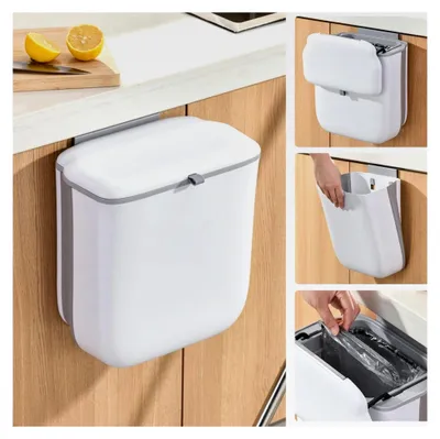 Produktbild von Hängender Mülleimer mit Deckel, 9 L Faltbarer Küchenmülleimer für Schrank, Wandmontage Abfalleimer für Küche, Camping, Badezimmer, Büro, Weiß