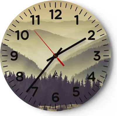 Produktbild von Wanduhr - Rund - Glasuhr - Berge Wald Natur - 40x40cm - Schleichendes Uhrwerk - Lautlos - zum Aufhängen bereit - Dekoration Modern - Wanddekoration aus Glas - C4AR40x40-3820