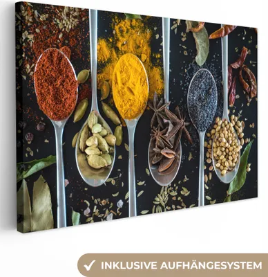 Produktbild von MuchoWow® - Leinwandbilder - Gewürze - Löffel - Schwarz - Küche, Wandbild, Wanddeko Bilder Wohnzimmer, 120x80 cm