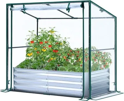 Image de Bac de culture surélevé avec serre Planteuse en métal galvanisé avec couverture en PVC - Kit de jardinage 3 en 1 pour légumes et fleurs