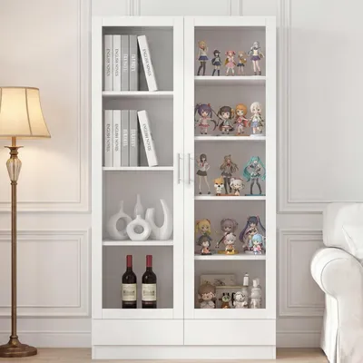 Produktbild von Merax Glasvitrine Vitrinenschrank Mit Glastüren, Hochschrank Mit 2 Schubladen, Aktenschrank, Standschrank Für Wohnzimmer Büro, Schlafzimmer, Weiß