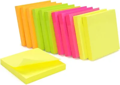 Image de Blocs-notes adhésifs, 1200 feuilles, 12 blocs de 100 feuilles, format 75 x 75 mm, couleurs néon, pour le bureau
