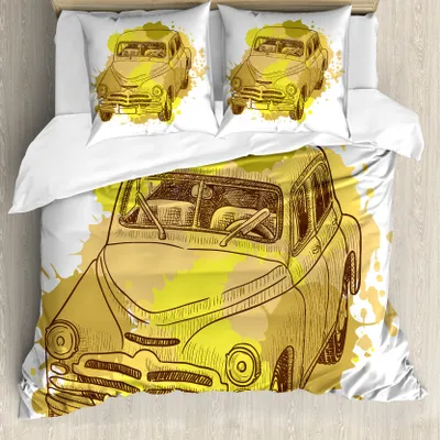Produktbild von ABAKUHAUS Grunge Bettbezug, Retro Car Splash, Milbensicher Allergiker geeignet mit Kissenbezügen, 200 cm x 200 cm - 80 x 80 cm, grün Senf