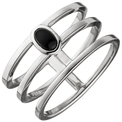 Produktbild von Ring Damenring 3-reihig breit mit ovalem Onyx, 925 Silber Fingerschmuck, Ringgröße:Innenumfang 56mm  Ø17.8mm