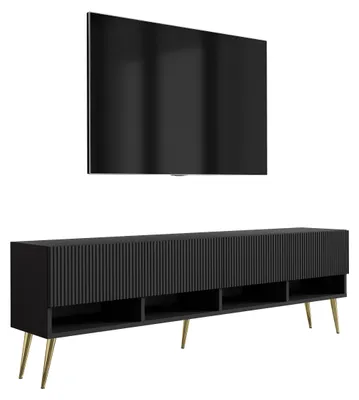Produktbild von TV-Schrank mit geriffelte Fronten, Mattschwarz, goldfarbene, schräge Beine, 170 × 32 × 52 cm