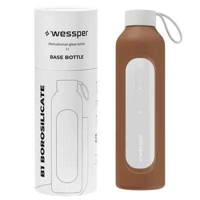 Image de Bouteille en verre Wessper avec housse en silicone – 1 L – avec repères horaires – Marron
