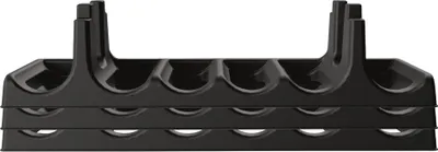 A black plastic bottle rack is shown against a white background.